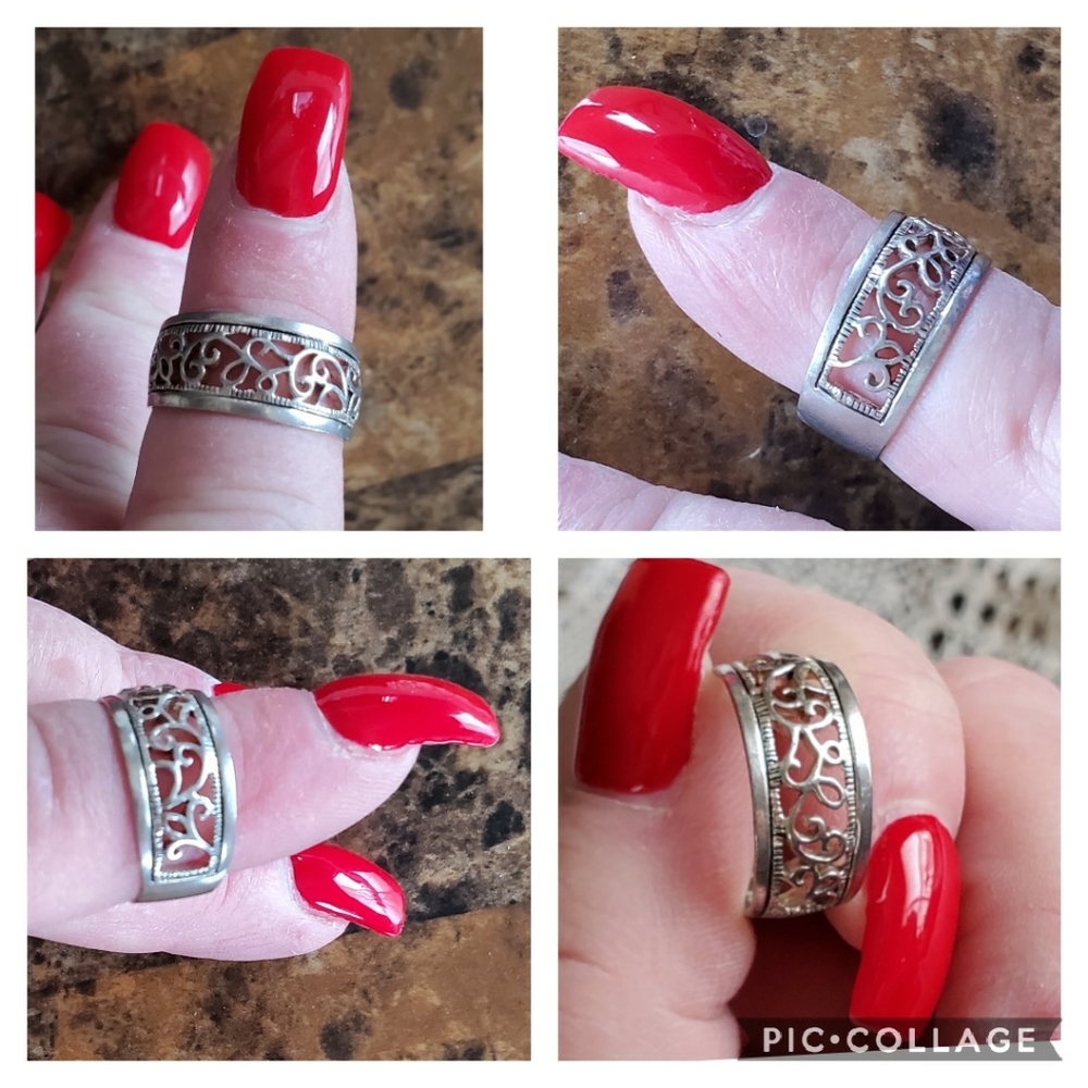 Sterling Silver Scroll Design Wide Band Ring 7.5 - Picture 3 of 6